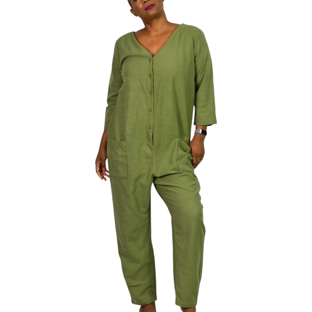 Nines by Hatch Maternity Jumpsuit Olive Green Cotton Rayon Button Front Medium